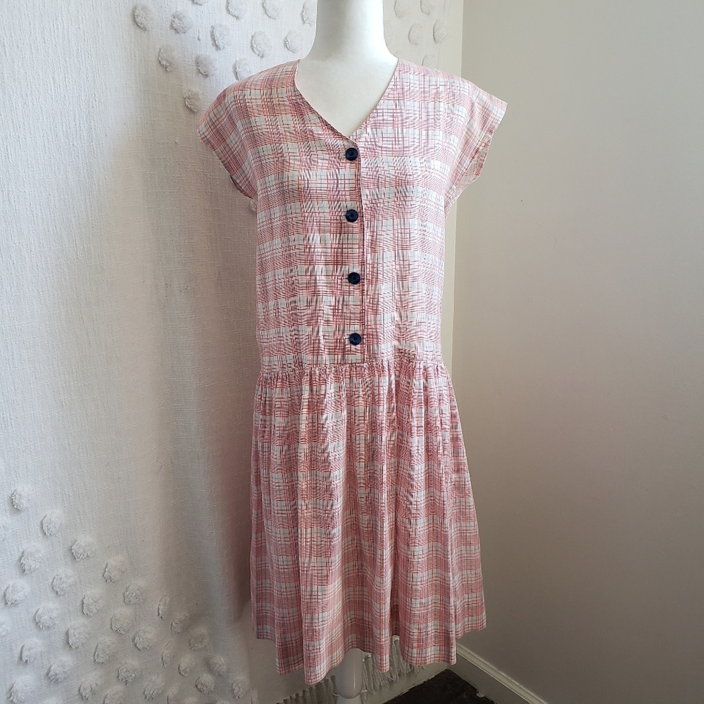 Vintage Red Plaid Sundress Blue Buttons